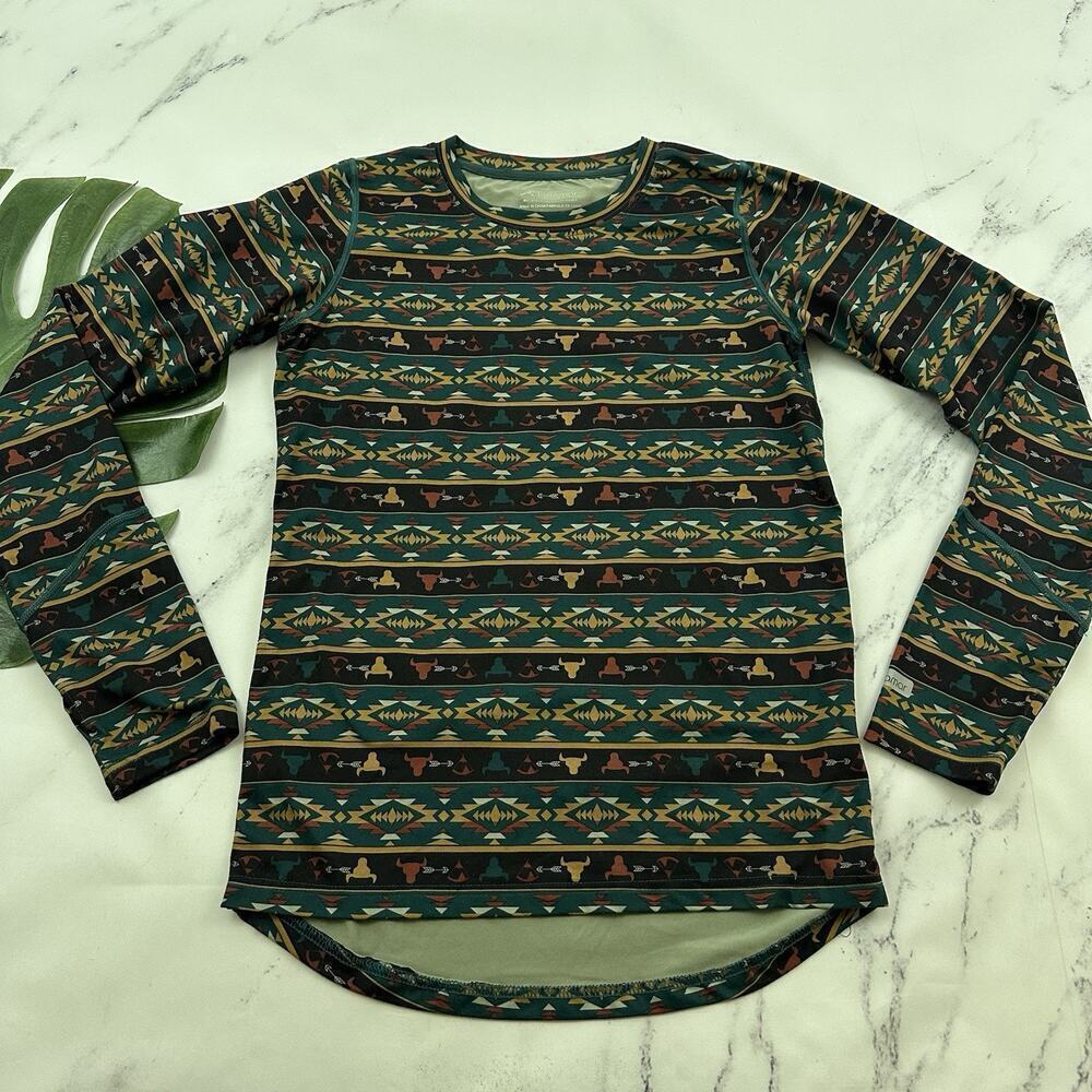 Terramar Womens Long Sleeve Top Size XL Green Brown Southwest Western Print